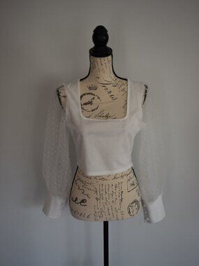 NWT white square neck cropped shirt with sheer swiss dot sleeves